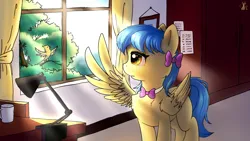 Size: 1920x1080 | Tagged: safe, artist:b_m, derpibooru import, oc, oc:zoran, oc:左岸, unofficial characters only, bird, pegasus, pony, desk lamp, image, jpeg, solo, tree, window