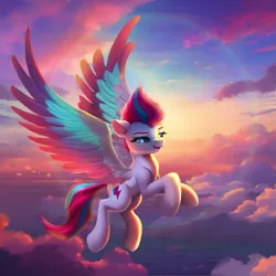 Size: 1650x1650 | Tagged: safe, artist:allegrenix, derpibooru import, zipp storm, pegasus, pony, g5, backlighting, cloud, colored eyebrows, colored wings, colored wingtips, crepuscular rays, eyebrows, female, flying, image, large wings, lighting, mare, multicolored wings, open mouth, png, scenery, sky, solo, spread wings, wings