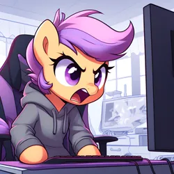 Size: 2048x2048 | Tagged: safe, derpibooru import, machine learning generated, scootaloo, ai content, angry, chair, clothes, generator:dall-e 3, hoodie, image, keyboard, monitor, office chair, png, prompter:ponynyanners