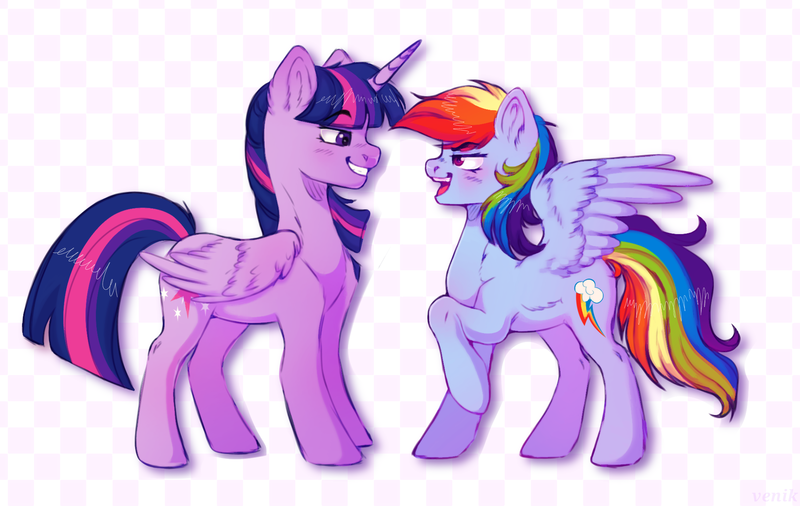 Size: 1926x1217 | Tagged: safe, artist:venik, derpibooru import, rainbow dash, twilight sparkle, twilight sparkle (alicorn), alicorn, pegasus, pony, checkered background, duo, female, females only, image, lesbian, mare, png, shipping, twidash