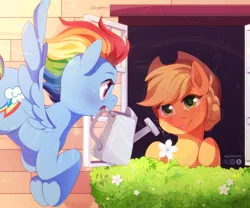Size: 2048x1700 | Tagged: safe, artist:applesartt, derpibooru import, applejack, rainbow dash, earth pony, pegasus, pony, appledash, applejack's hat, colored eyebrows, cowboy hat, duo, duo female, eyebrows, female, flower, flying, freckles, g4, hat, image, jpeg, lesbian, looking at each other, looking at someone, mare, mouth hold, shipping, signature, smiling, spread wings, underhoof, watering can, wings