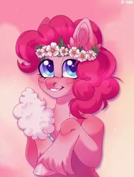 Size: 890x1176 | Tagged: safe, artist:venik, derpibooru import, pinkie pie, earth pony, pony, abstract background, cotton candy, cute, diapinkes, female, floral head wreath, flower, image, jpeg, mare, pink background, simple background, solo, unshorn fetlocks