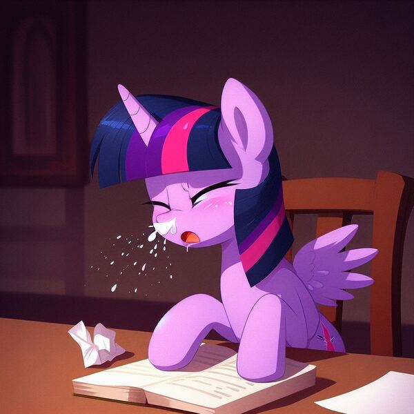 Size: 1024x1024 | Tagged: safe, ai content, derpibooru import, machine learning generated, twilight sparkle, twilight sparkle (alicorn), alicorn, blushing, book, cute, derpibooru exclusive, eyes closed, image, jpeg, messy, mucus, open mouth, prompter:evergreen, reading, sitting, sneezing, snot, spit, spray, tissue