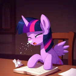 Size: 1024x1024 | Tagged: safe, ai content, derpibooru import, machine learning generated, twilight sparkle, twilight sparkle (alicorn), alicorn, blushing, book, cute, derpibooru exclusive, eyes closed, image, jpeg, messy, mucus, open mouth, prompter:evergreen, reading, sitting, sneezing, snot, spit, spray, tissue