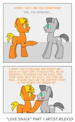 Size: 1884x3043 | Tagged: suggestive, artist:riley23, derpibooru import, oc, oc:lashout, oc:riley, unofficial characters only, earth pony, pony, unicorn, comic:love snack, gay, image, male, png, vore