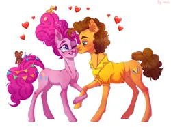 Size: 1427x1062 | Tagged: safe, artist:venik, derpibooru import, cheese sandwich, pinkie pie, earth pony, pony, cheesepie, duo, female, heart, heart eyes, holding hooves, image, male, mare, older, older pinkie pie, png, shipping, simple background, stallion, straight, white background, wingding eyes