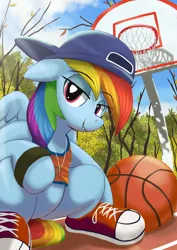 Size: 2480x3508 | Tagged: safe, artist:neoshrek, derpibooru import, rainbow dash, pegasus, pony, autumn, basketball, clothes, image, jpeg, looking at you, shoes, sitting, sneakers, solo, sports, squatting