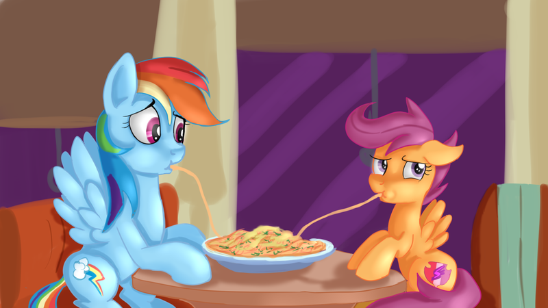 Size: 1920x1080 | Tagged: safe, artist:jbond, derpibooru import, rainbow dash, scootaloo, pegasus, pony, duo, eating, female, filly, foal, food, image, mare, pasta, png, restaurant, sitting, spaghetti, table