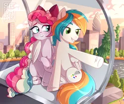 Size: 2448x2048 | Tagged: safe, artist:seurnik, derpibooru import, oc, oc:sky sorbet, oc:twister joy, unofficial characters only, pegasus, pony, couple, duo, duo male and female, female, ferris wheel, hug, image, male, pegasus oc, png, pointing, sitting, winghug, wings