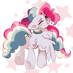 Size: 2327x2327 | Tagged: safe, artist:pledus, derpibooru import, oc, oc:sky sorbet, unofficial characters only, pegasus, pony, abstract background, bow, eyebrows, female, hair bow, image, looking at you, mare, multicolored hair, multicolored mane, one eye closed, pegasus oc, png, solo, stars, underhoof, wings, wink, winking at you