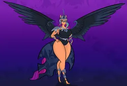 Size: 2331x1581 | Tagged: safe, artist:panthra78, derpibooru import, sunny starscout, anthro, earth pony, g5, breasts, busty sunny starscout, clothes, cosplay, costume, fake horn, fake wings, female, image, jpeg, nightmare moon armor, nightmare night costume, nightmare sunny, solo, spread wings, thighs, thunder thighs, wide hips, wings