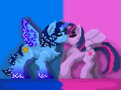 Size: 709x531 | Tagged: safe, derpibooru import, twilight sparkle, twilight sparkle (alicorn), oc, oc:blue thunder, alicorn, image, kissing, pixel art, png, thundersparkle