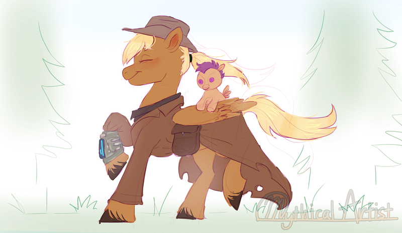 Size: 4848x2815 | Tagged: safe, artist:mythicalartist_, derpibooru import, scootaloo, oc, oc:threnody, pegasus, pony, fallout equestria, fallout equestria: speak, clothes, coat, cowboy hat, duster, fanfic art, female, hat, image, pipbuck, plushie, png, stetson