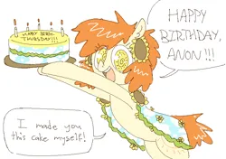 Size: 760x534 | Tagged: safe, anonymous artist, oc, oc:thursday, unofficial characters only, earth pony, pony, /mlp/, 4chan, birthday cake, cake, cloak, clothes, cute, dialogue, drawthread, female, flower, flower in hair, food, happy, happy birthday, image, mare, png, simple background, smiling, speech bubble, sunflower, text, unusual pupils, weekday ponies, white background