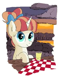 Size: 367x481 | Tagged: safe, artist:kleyime, ponerpics import, rainbow stars, pony, unicorn, cloud, image, juice, lake, lemonade, looking at you, ms paint, picnic, picnic table, png, sunset, table, tablecloth