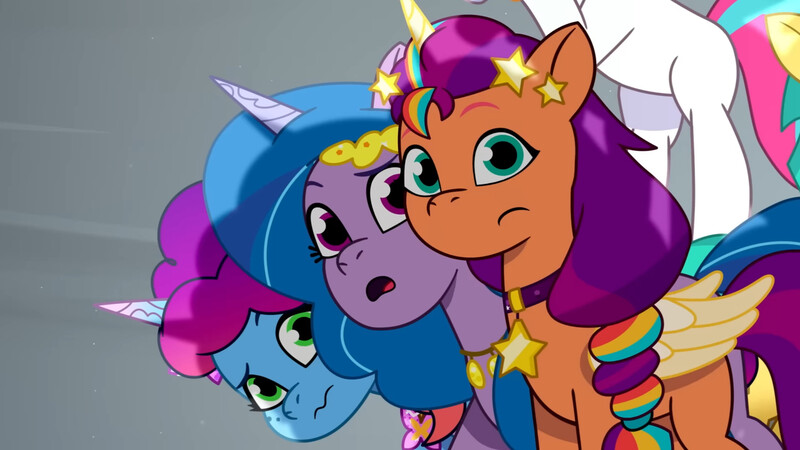 Size: 3072x1727 | Tagged: safe, derpibooru import, screencap, hitch trailblazer, izzy moonbow, sunny starscout, zipp storm, alicorn, earth pony, pegasus, pony, unicorn, g5, my little pony: a new generation, my little pony: tell your tale, spoiler:g5, spoiler:my little pony: tell your tale, spoiler:tyts01e62, eyebrows, female, frown, image, jpeg, lavarynth, male, mare, misty brightdawn, offscreen character, open mouth, race swap, raised eyebrow, rebirth misty, stallion, sunnycorn