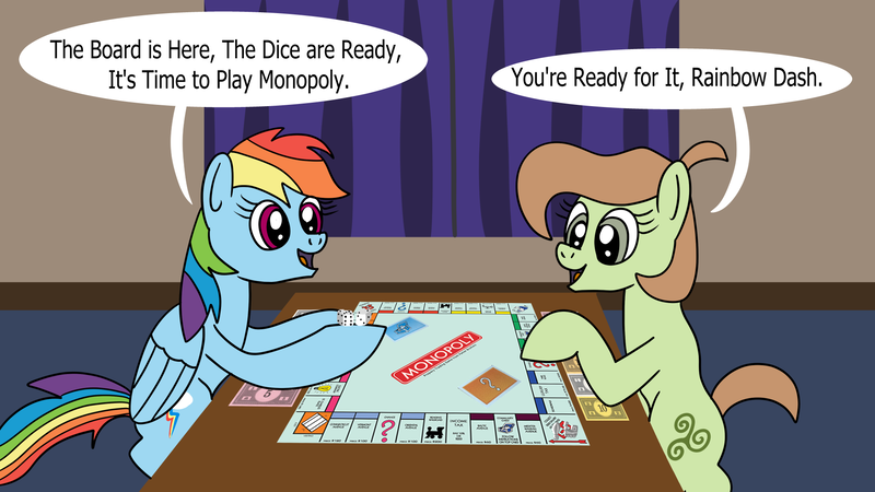 Size: 1920x1080 | Tagged: safe, artist:platinumdrop, derpibooru import, rainbow dash, toola roola, my little pony: pony life, commission, dialogue, dice, g4, g4.5 to g4, generation leap, image, monopoly, png, speech bubble