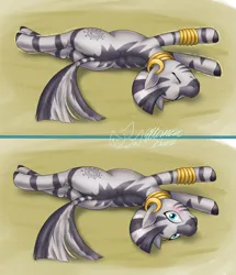 Size: 2307x2677 | Tagged: safe, artist:eltanin14d, derpibooru import, zecora, pony, zebra, ear piercing, earring, embarrassed, female, image, jewelry, looking at you, lying down, piercing, png, solo, stretching