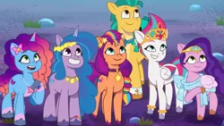 Size: 3072x1727 | Tagged: safe, derpibooru import, screencap, hitch trailblazer, izzy moonbow, pipp petals, sparky sparkeroni, sunny starscout, zipp storm, dragon, earth pony, pegasus, pony, unicorn, g5, my little pony: tell your tale, spoiler:g5, spoiler:my little pony: tell your tale, spoiler:tyts01e62, applejack (g5), baby, baby dragon, female, fluttershy (g5), grin, image, jpeg, lavarynth, male, mane five, mane six (g5), mare, misty brightdawn, open mouth, open smile, pinkie pie (g5), rainbow dash (g5), rarity (g5), rebirth misty, royal sisters (g5), siblings, sisters, smiling, stallion, twilight sparkle (g5)