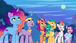 Size: 3072x1727 | Tagged: safe, derpibooru import, screencap, hitch trailblazer, izzy moonbow, pipp petals, sparky sparkeroni, sunny starscout, zipp storm, dragon, earth pony, pegasus, pony, unicorn, g5, my little pony: tell your tale, spoiler:g5, spoiler:my little pony: tell your tale, spoiler:tyts01e62, :o, applejack (g5), baby, baby dragon, female, fluttershy (g5), image, jpeg, lavarynth, male, mane five, mane six (g5), mare, misty brightdawn, night, open mouth, open smile, pinkie pie (g5), rainbow dash (g5), rarity (g5), rebirth misty, royal sisters (g5), siblings, sisters, smiling, stallion, twilight sparkle (g5)