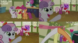 Size: 828x465 | Tagged: safe, derpibooru import, edit, edited screencap, editor:quoterific, screencap, apple bloom, cheerilee, scootaloo, sweetie belle, twist, hearts and hooves day (episode), blindfold, cutie mark crusaders, image, jpeg