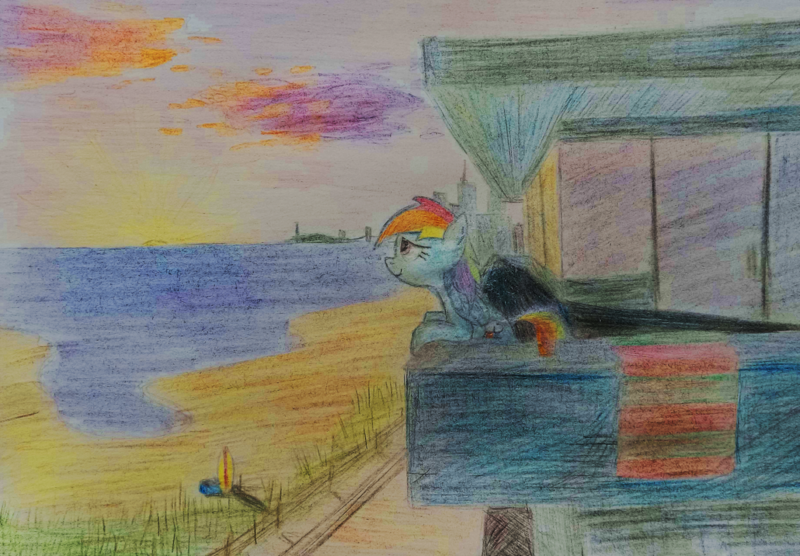 Size: 3681x2559 | Tagged: safe, artist:dhm, derpibooru import, editor:maonyman, rainbow dash, pony, beach, colored pencil drawing, comfy, image, png, sunset, traditional art