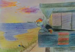 Size: 3681x2559 | Tagged: safe, artist:dhm, derpibooru import, editor:maonyman, rainbow dash, pony, beach, colored pencil drawing, comfy, image, png, sunset, traditional art