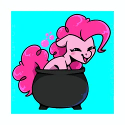 Size: 1181x1181 | Tagged: safe, artist:jellysketch, derpibooru import, pinkie pie, earth pony, pony, bubble, cauldron, eyes closed, floppy ears, happy, image, open mouth, open smile, png, smiling, solo
