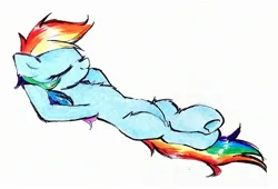 Size: 2498x1695 | Tagged: safe, artist:liaaqila, derpibooru import, rainbow dash, pony, eyes closed, female, image, jpeg, lying down, mare, missing cutie mark, on back, simple background, smiling, solo, traditional art, white background, wingless