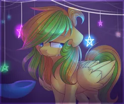 Size: 2397x2000 | Tagged: safe, artist:starlyfly, derpibooru import, oc, unofficial characters only, pegasus, pony, colored pupils, crying, female, high res, image, looking away, mare, offscreen character, pegasus oc, png, solo focus, stars, underhoof, wings