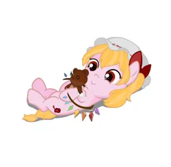 Size: 1200x1171 | Tagged: safe, artist:fish_meow, derpibooru import, ponified, pony, female, filly, flandre scarlet, foal, hat, image, jpeg, plushie, teddy bear, touhou