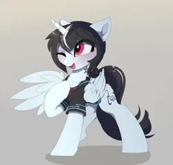 Size: 2888x2751 | Tagged: safe, artist:magnaluna, derpibooru import, oc, unofficial characters only, alicorn, pony, alicorn oc, blushing, clothes, eye clipping through hair, eyebrows, eyebrows visible through hair, female, gradient background, high res, horn, image, mare, one eye closed, one wing out, open mouth, open smile, png, raised hoof, shirt, smiling, wings, wink
