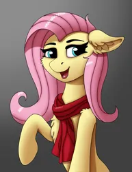 Size: 1467x1900 | Tagged: safe, artist:fess, artist:fess17, derpibooru import, fluttershy, pegasus, pony, cheek fluff, chest fluff, clothes, ear fluff, female, floppy ears, g4, gradient background, image, looking at you, mare, open mouth, open smile, png, raised hoof, scarf, shoulder fluff, smiling, smiling at you, solo, wingless