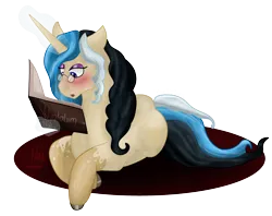 Size: 2856x2264 | Tagged: safe, artist:loopina, derpibooru import, oc, oc:heart sapphire, pony, unicorn, blushing, book, cute, female, image, lying, magic, mare, png, poctober, read, simple background, solo, transparent background