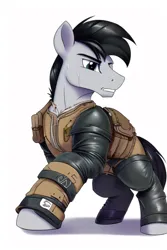 Size: 480x720 | Tagged: safe, derpibooru import, editor:primortal, machine learning assisted, machine learning generated, novelai, stable diffusion, oc, oc:hardtack, unofficial characters only, earth pony, pony, fallout equestria, ai content, armor, bag, belts, clothes, image, jacket, leather, leather armor, leather jacket, male, peacekeeper, png, ranger, saddle bag, vest, zipper