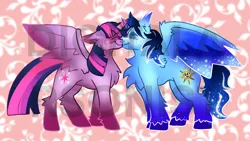 Size: 1920x1080 | Tagged: safe, derpibooru import, twilight sparkle, twilight sparkle (alicorn), oc, oc:blue thunder, alicorn, canon x oc, image, kissing, png, thundersparkle