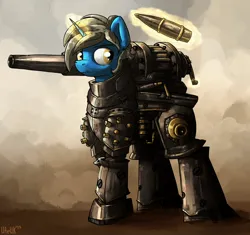 Size: 2000x1880 | Tagged: safe, artist:uteuk, derpibooru import, oc, oc:blue mending, unofficial characters only, pony, unicorn, armor, artillery, dust, image, jpeg, magic, male, power armor, shell, telekinesis