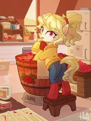 Size: 2250x3000 | Tagged: safe, artist:raineve, derpibooru import, oc, unofficial characters only, pony, unicorn, barrel, boots, butt, clothes, cup, denim, derpibooru exclusive, female, food, image, jam, jeans, mare, pants, plot, png, refrigerator, sandwich, shoes, solo, stool, strawberry, sweater, tea, teacup, towel