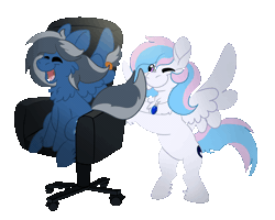 Size: 2500x2000 | Tagged: safe, artist:euspuche, derpibooru import, oc, oc:azure sapphire, oc:starburn, unofficial characters only, pegasus, pony, animated, bipedal, chair, dizzy, gif, image, jewelry, necklace, office chair, simple background, sitting, spinning, standing, transparent background