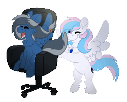 Size: 2500x2000 | Tagged: safe, alternate version, artist:euspuche, derpibooru import, oc, oc:azure sapphire, oc:starburn, unofficial characters only, pegasus, pony, animated, bipedal, chair, dizzy, gif, image, jewelry, necklace, office chair, simple background, sitting, spinning, standing, transparent background