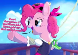 Size: 1754x1240 | Tagged: safe, artist:ace play, derpibooru import, gummy, pinkie pie, alligator, earth pony, pony, bandana, bipedal, clothes, dialogue, duo, ear piercing, earring, female, image, jewelry, jpeg, mare, ocean, piercing, pirate, pirate pinkie pie, pointing, underhoof, water