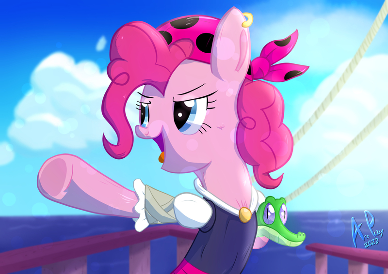 Size: 1754x1240 | Tagged: safe, alternate version, artist:ace play, derpibooru import, gummy, pinkie pie, alligator, earth pony, pony, bandana, bipedal, clothes, duo, ear piercing, earring, female, image, jewelry, jpeg, mare, ocean, piercing, pirate, pirate pinkie pie, pointing, underhoof, water