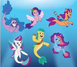 Size: 3461x3000 | Tagged: safe, artist:prixy05, derpibooru import, hitch trailblazer, izzy moonbow, pipp petals, sunny starscout, zipp storm, earth pony, pegasus, pony, seapony (g4), unicorn, g5, my little pony: tell your tale, applejack (g5), blue background, crepuscular rays, dorsal fin, female, fin, fin wings, fins, fish tail, flowing mane, flowing tail, fluttershy (g5), grin, happy, image, male, mane five, mane six (g5), mane stripe sunny, mare, misty brightdawn, ocean, open mouth, open smile, pinkie pie (g5), png, rainbow dash (g5), rarity (g5), rebirth misty, seaponified, seapony hitch trailblazer, seapony izzy moonbow, seapony misty brightdawn, seapony pipp petals, seapony sunny starscout, seapony zipp storm, simple background, smiling, species swap, spread wings, stallion, sunlight, swimming, tail, teeth, twilight sparkle (g5), underwater, unshorn fetlocks, water, wings