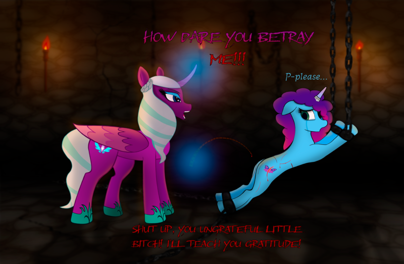 Size: 6629x4331 | Tagged: semi-grimdark, artist:desade, derpibooru import, alicorn, pony, unicorn, g5, abuse, angry, ankle cuffs, bleeding, blood, bondage, chained, chains, commission, cruel, crying, cuffs, curved horn, cutie mark, dialogue, dungeon, duo, duo female, eyeshadow, fear, female, flank, floppy ears, folded wings, glow, glowing horn, hooves, horn, horn ring, image, indoors, jewelry, levitation, looking back, magic, magic aura, makeup, mare, misty brightdawn, mistybuse, no tail, opaline arcana, open mouth, pain, pleading, png, punishment, rebirth misty, restrained, restraints, ring, sad, scared, shackles, speech, talking, tears of pain, telekinesis, text, torch, violence, wall of tags, whip, whip marks, whipping, wings, yelling