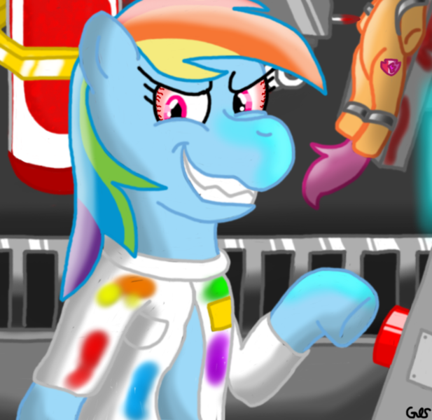 Size: 720x700 | Tagged: semi-grimdark, artist:mudkip91/tetrahedron, derpibooru import, rainbow dash, scootaloo, fanfic:rainbow factory, blood, bloodshot eyes, clothes, fanfic art, gritted teeth, image, insanity, lab coat, liquid rainbow, looking at you, pegasus device, png, railing, rainbow factory dash, red button, sadism, sharp teeth, spectra, spectra container, teeth, terminal, this will end in death, this will end in pain, trapped