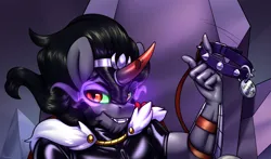 Size: 1522x892 | Tagged: suggestive, artist:jedayskayvoker, derpibooru import, king sombra, anthro, unicorn, advertisement, armor, armored pony, clothes, collar, evil eyes, fangs, image, latex, latex suit, leash, looking at you, male, patreon, patreon preview, pet tag, png, smiling, smiling at you, solo, spikes, teasing