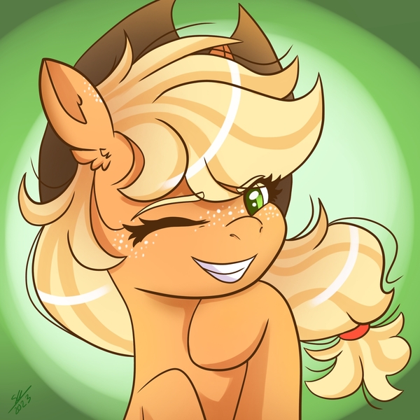 Size: 2048x2048 | Tagged: safe, artist:galaxy swirl, derpibooru import, applejack, earth pony, pony, applejack's hat, bust, cowboy hat, ear freckles, eye clipping through hair, female, freckles, grin, hat, hoof under chin, image, jpeg, looking at you, mare, one eye closed, portrait, smiling, solo, wink, winking at you