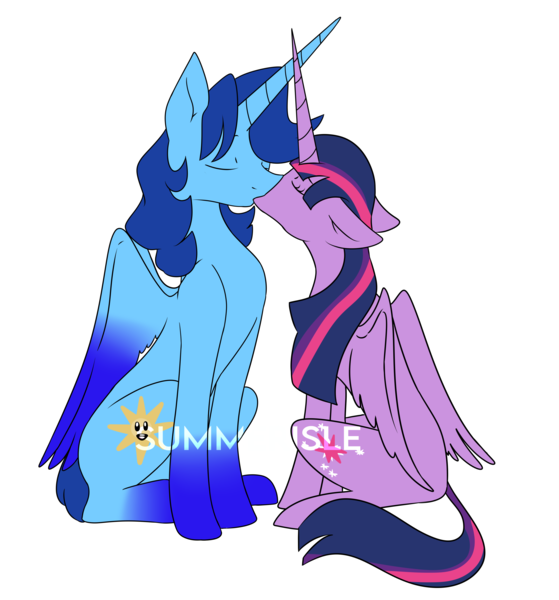 Size: 3260x3500 | Tagged: safe, derpibooru import, twilight sparkle, twilight sparkle (alicorn), oc, oc:blue thunder, alicorn, image, kissing, png, thundersparkle