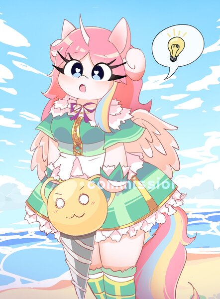 Size: 1466x1988 | Tagged: safe, artist:leo19969525, derpibooru import, oc, oc:nekonin, alicorn, anthro, arm hooves, beach, clothes, crossdressing, dress, drill, femboy, image, jpeg, lightbulb, male