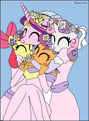 Size: 1280x1737 | Tagged: safe, artist:bunnytail73, derpibooru import, apple bloom, princess cadance, scootaloo, sweetie belle, anthro, a canterlot wedding, ^^, apple bloom's bow, bow, bride, clothes, cute, cutie mark crusaders, daaaaaaaaaaaw, dress, eyes closed, flower filly, flower girl, flower girl dress, group hug, hair bow, hug, image, png, poofy shoulders, smiling, wedding veil